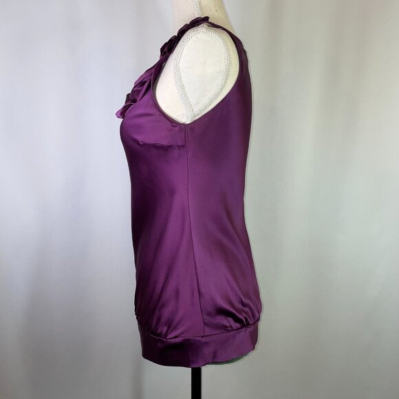 Pretty Satin Blouse Size S Sleeveless Purple Plum Rosettes Scoop Neckline - Picture 2 of 6